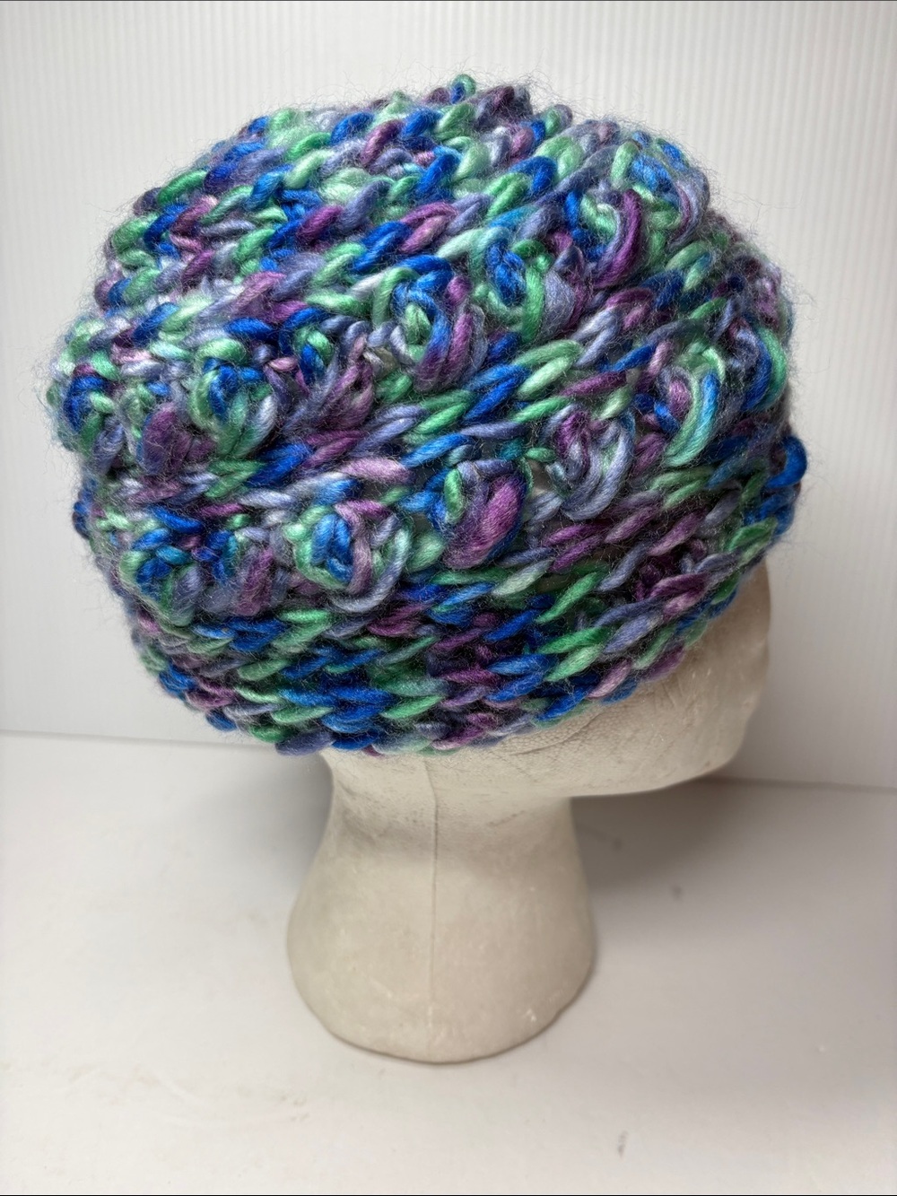 Hand Crafted Multicolor Chunky Crochet Beanie - Blue Green Purple